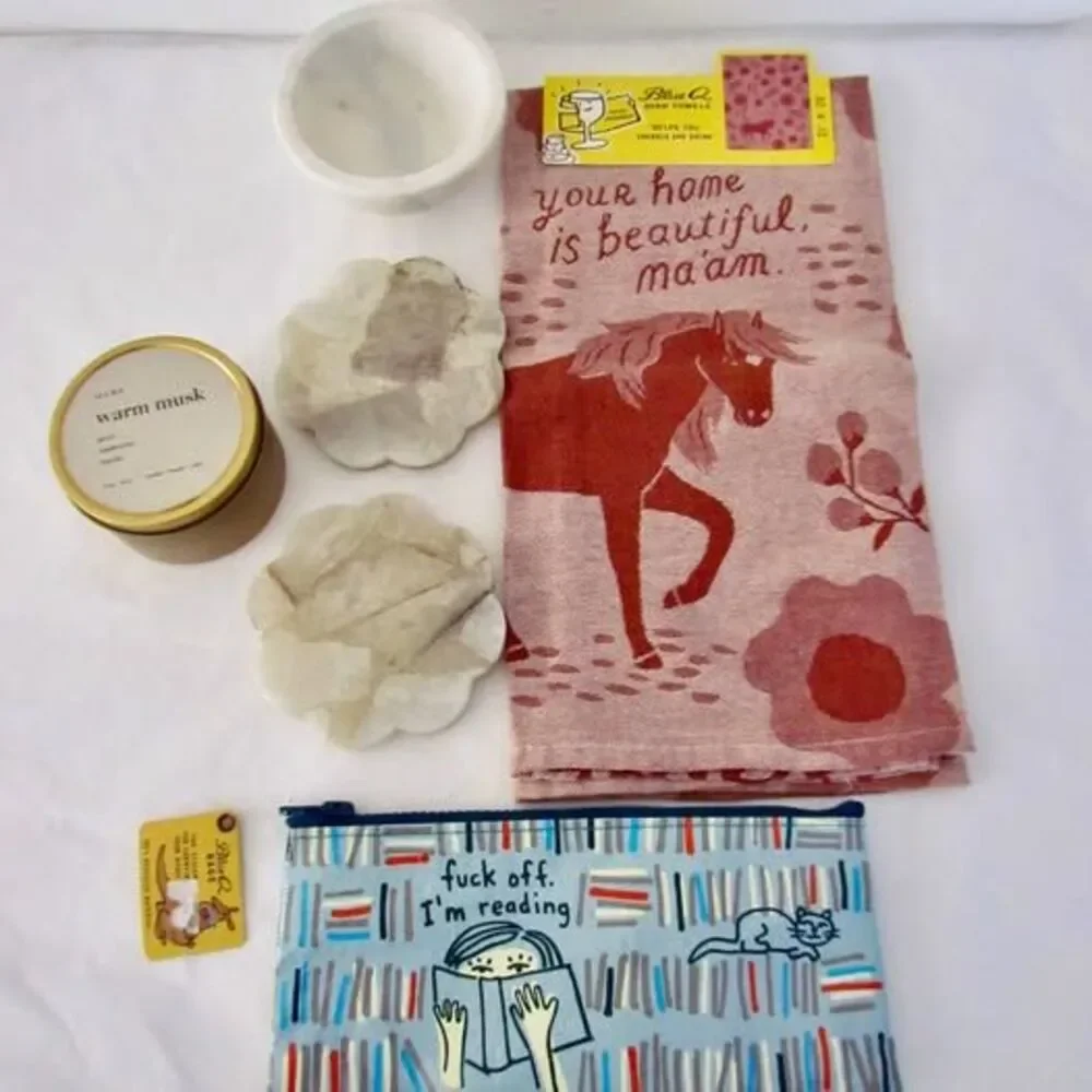 Lot Asst Items West Elm Candle Marble Bowl BlueQ Towel Anthropologie Coasters